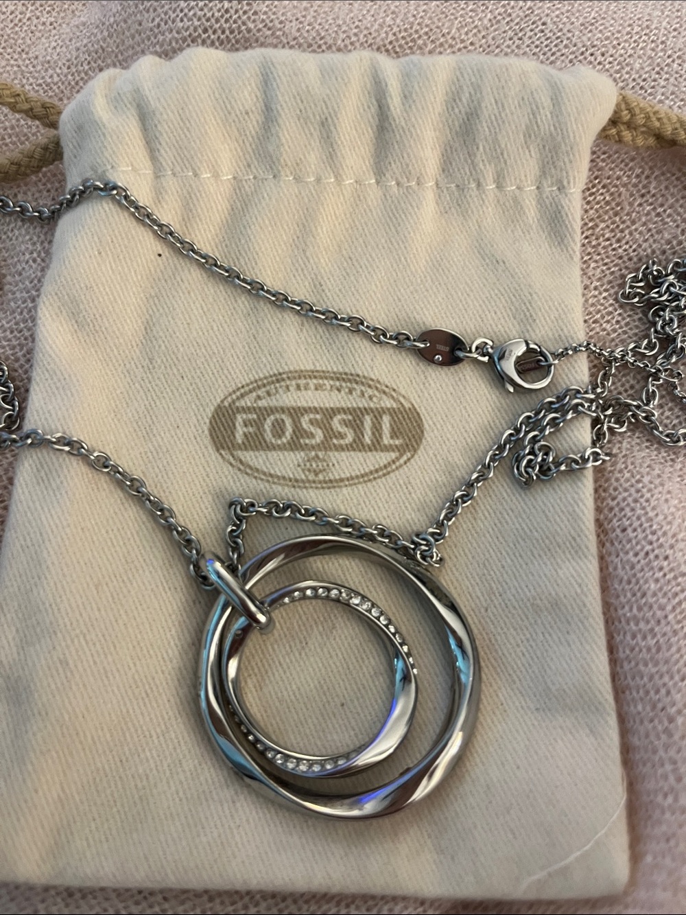 Fossil Silver Interlocking Circle Pendant Necklace with Crystal Accent